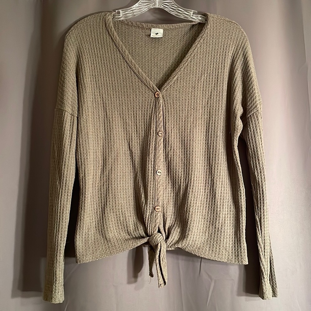 Sage green waffle knit button down tie front shirt
